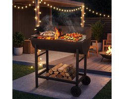 Houtskoolbarbecue ELITE met wielen en zijtafel – Dubbel grillrooster – Zwart staal – 89x47xH89 cm – 6-8 personen