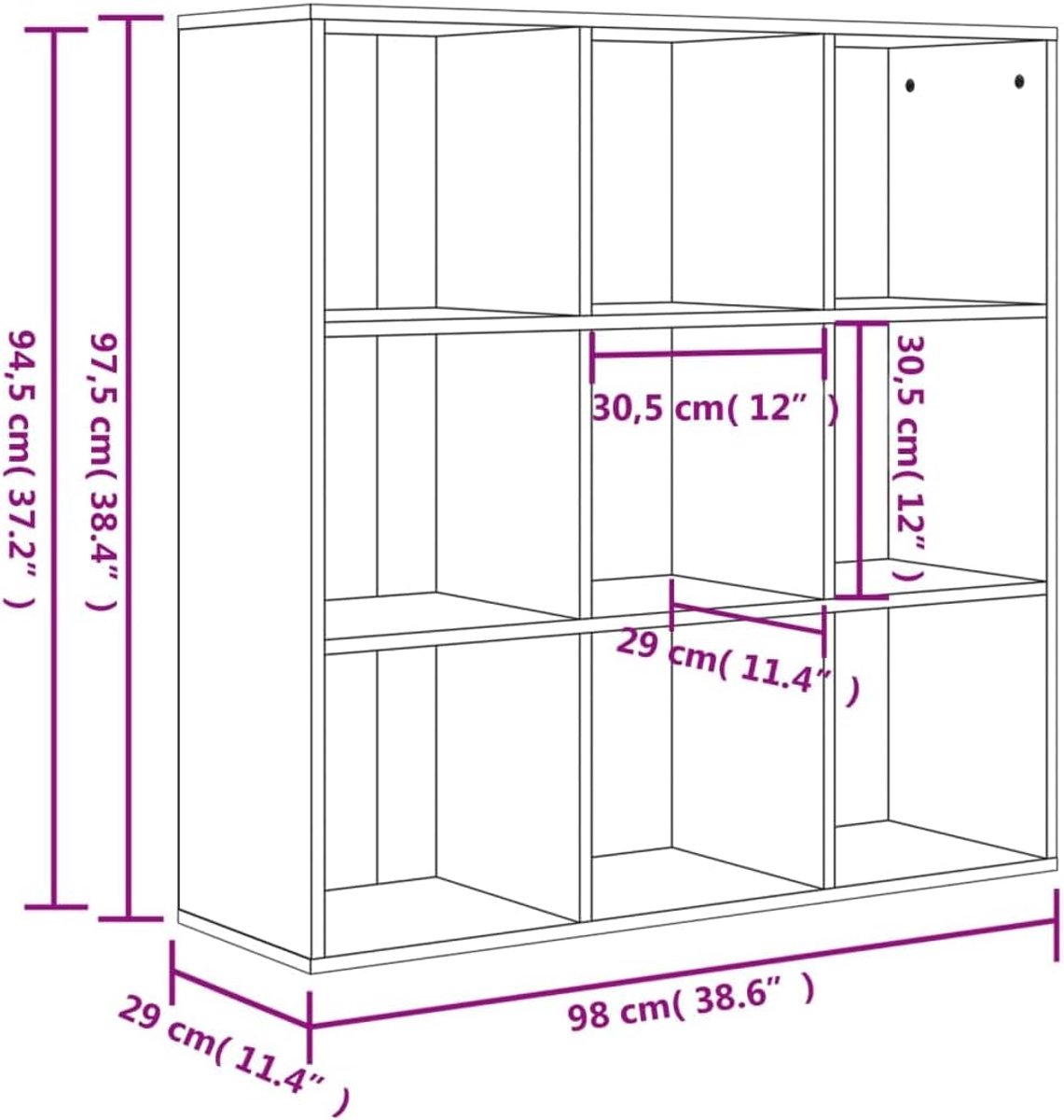Boekenkast 9 Vakken Beton Grijs – Kubus Boekenkast 98x29x97,5 cm – Houten Staande Opbergkast / Würfelregal – Modern Design voor Woonkamer, Slaapkamer, Kantoor & Kinderkamer – abtkantoor