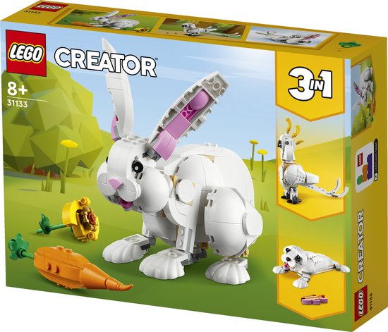Boîte LEGO Creator avec un lapin blanc, un cacatoès blanc et un phoque blanc.