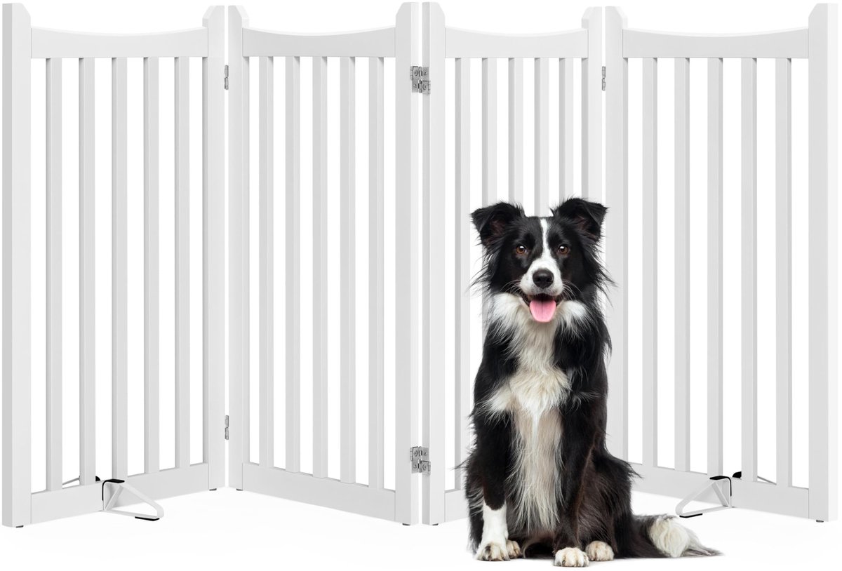 Yaheetech Afsluitrooster voor honden, h x b: 90,5 x 201,5 cm, hondenhek woning met 2 steunpoten, opvouwbaar beschermingsrooster, traphek, afsluitrooster voor keuken/hal/open haard/oven, 4 panelen, wit