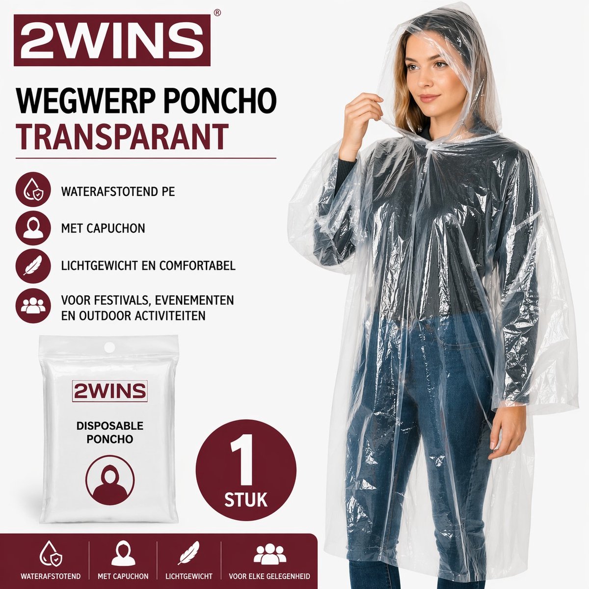 2WINS® Wegwerp Poncho Transparant 100 cm – Handig bij Regen, Festivals & Outdoor (B4)