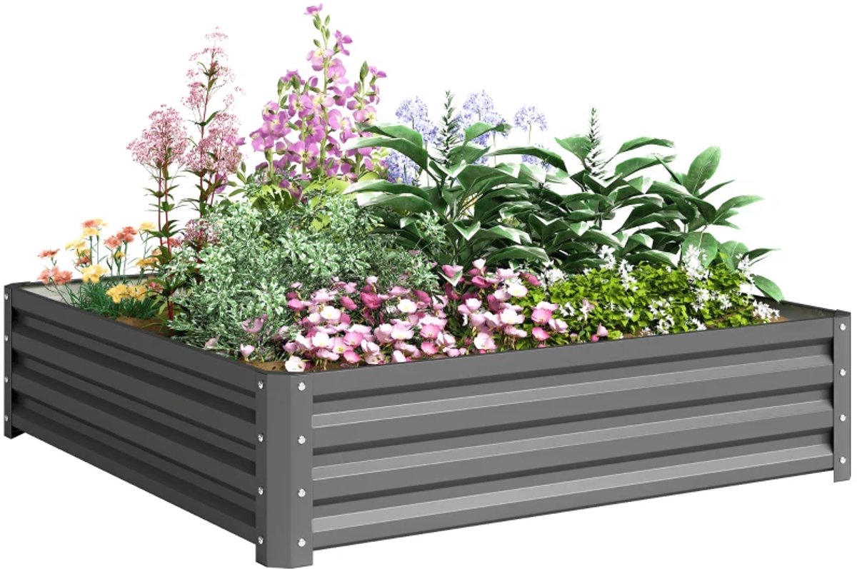 Plantenbak - Bloembak met Stalen Frame - Plantenbed - Tuinbed - Kweekbak - Moestuinbak - voor Buiten, Terras, Tuin & Balkon - voor Groenten, Bloemen & Kruiden - 120 x 120 x 30 cm - Lichtgrijs