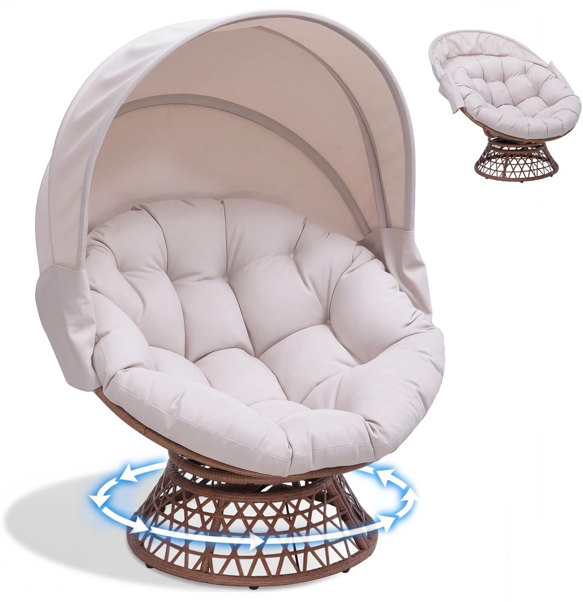 COMHOMA - Papasan Stoel van Rattan - Draaibaar voor Tuin met Kussen - Beige