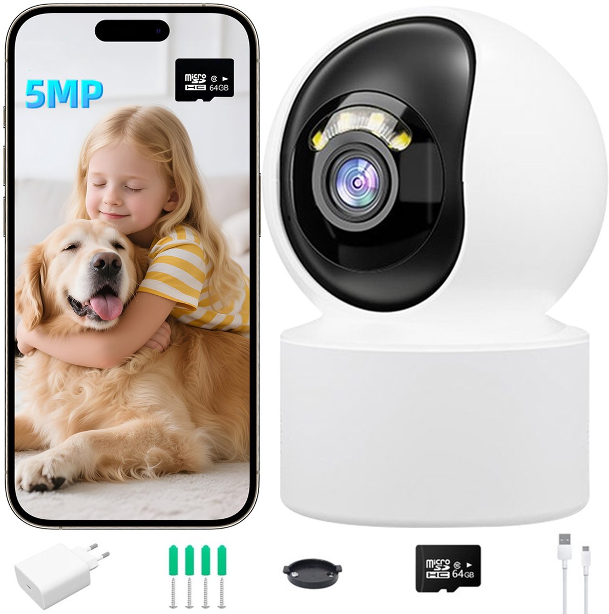 Security Binnencamera - Huisdiercamera Camera Beveiligingscamera - 5MP - 3K Resolutie - 360° Wifi IP Camera-Baby Monitor - Petcam - Nachtzicht - Bewegingsdetectie - Pan & Tilt - Tweerichtingsaudio - Micro SD 64GB