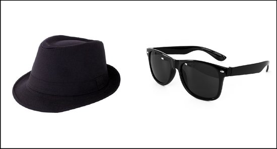 1x Luxe hoed maffia/gangster zwart - stof + 1x Blues brother bril zwart - Themafeest festival Gangster maffia Al Capone fun thema party 70s/80s