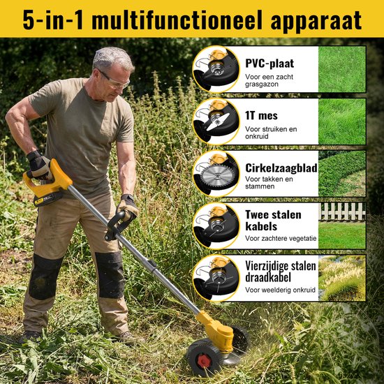 CONENTOOL 5-in-1 Accu Grastrimmer 21V 650W - Draadloze Grasmaaier met Hulpwielen - Incl. 2 Accu's - Geel van Merkloos	 — afbeelding 2