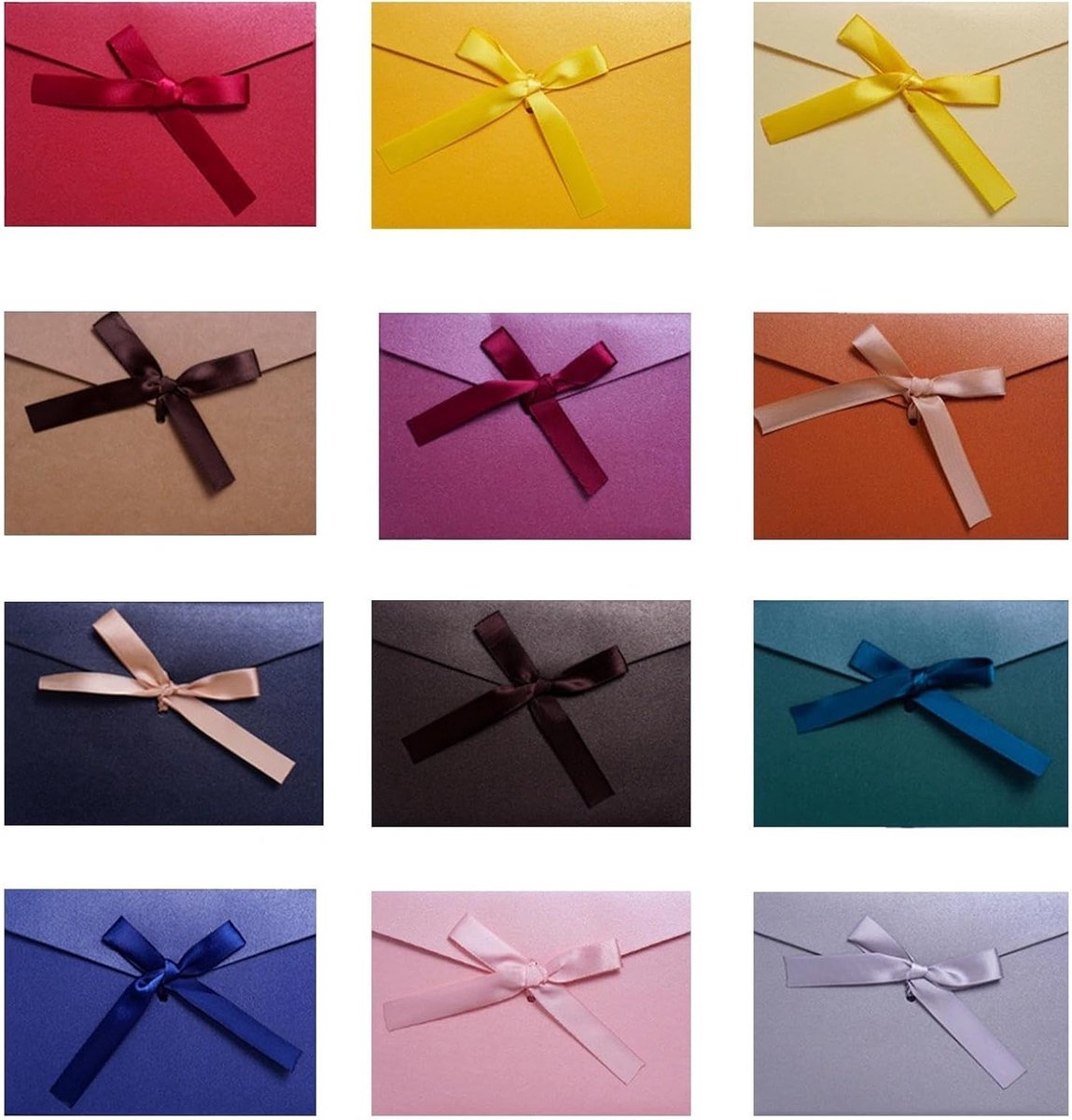 Set van 12 Kleurige Enveloppen, Luxe Cadeau-enveloppen met Lint, Geld-envelop voor Feestjes, Uitnodigingen voor Bruiloften, Verjaardagen en Kerst, 17,5 x 12,5 cm