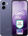 OPPO A6x smartphone in paars met dubbele camera achteraan. "Official OPPO BENELUX Extra Warranty" en "Meest betrouwbare merk Smartphones" stickers op het scherm.