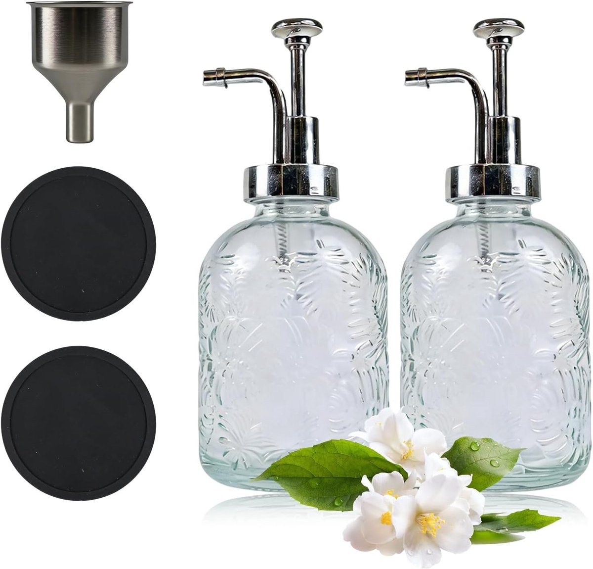 Glazen Dispenser Set voor Syrup en Zeep, 2 Stuks 430ml met Trechter en Coasters, Herbruikbare Pompdispenser voor Badkamer en Keuken