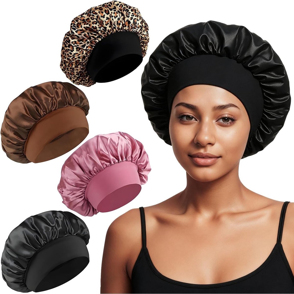 Set van 4 Zijde Slaapmutsen, Satijnen Nachtmuts met Elastische Band, Ideaal voor Lang, Steil en Krullend Haar, Perfect voor Vrouwen en Meisjes in Bruin, Luipaardprint, Donkerroze en Zwart