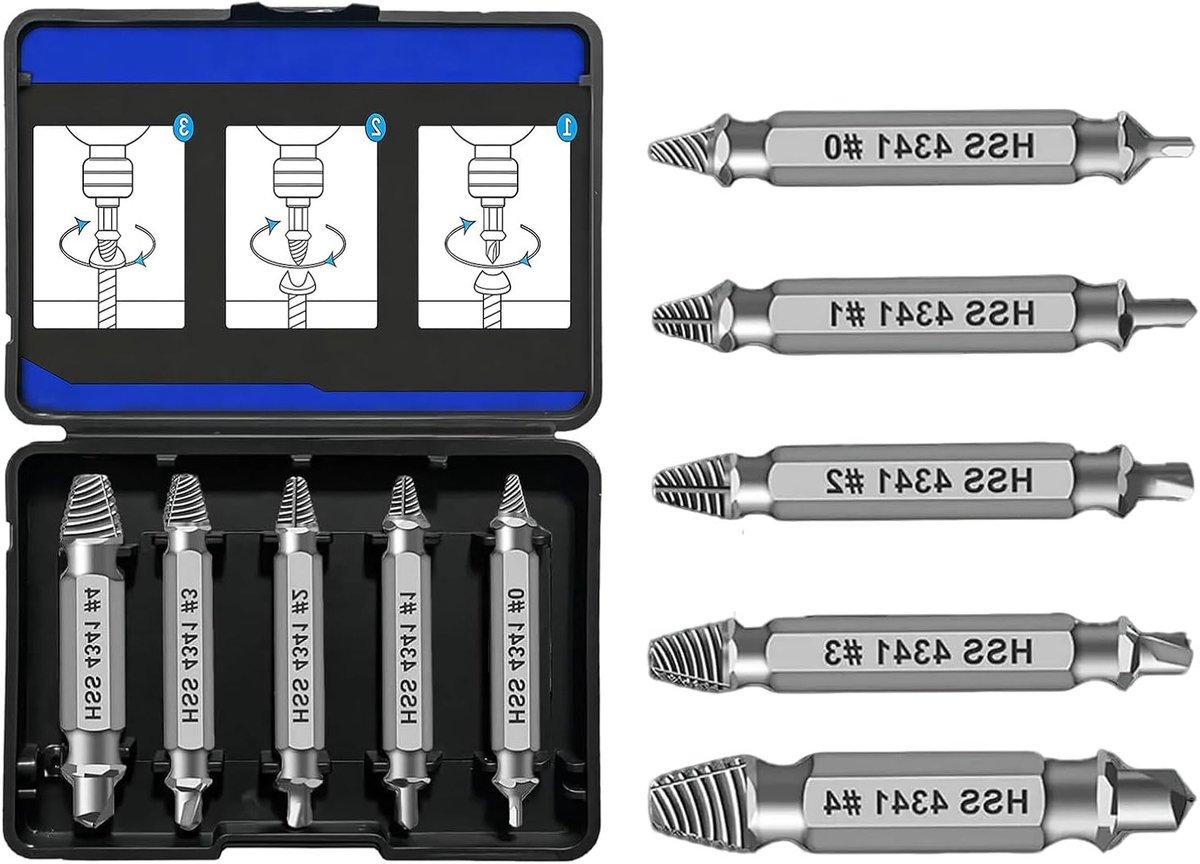 Professionele schroefverwijder set van 6 stuks, hoogwaardig HSS 4341, linksdraaiend voor het verwijderen van vastzittende en afgeronde schroeven, ideaal voor klussen en reparaties