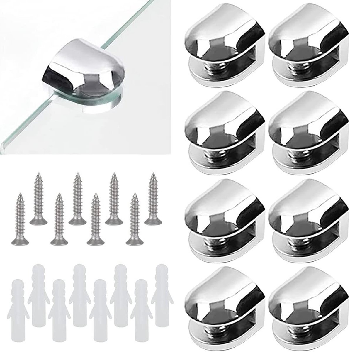 Verstelbare glasbeugels voor 6-10mm dik glas en acryl, sterke zinklegering, ideaal voor glazen wanden en scheidingswanden, 8 stuks met expansieschroeven