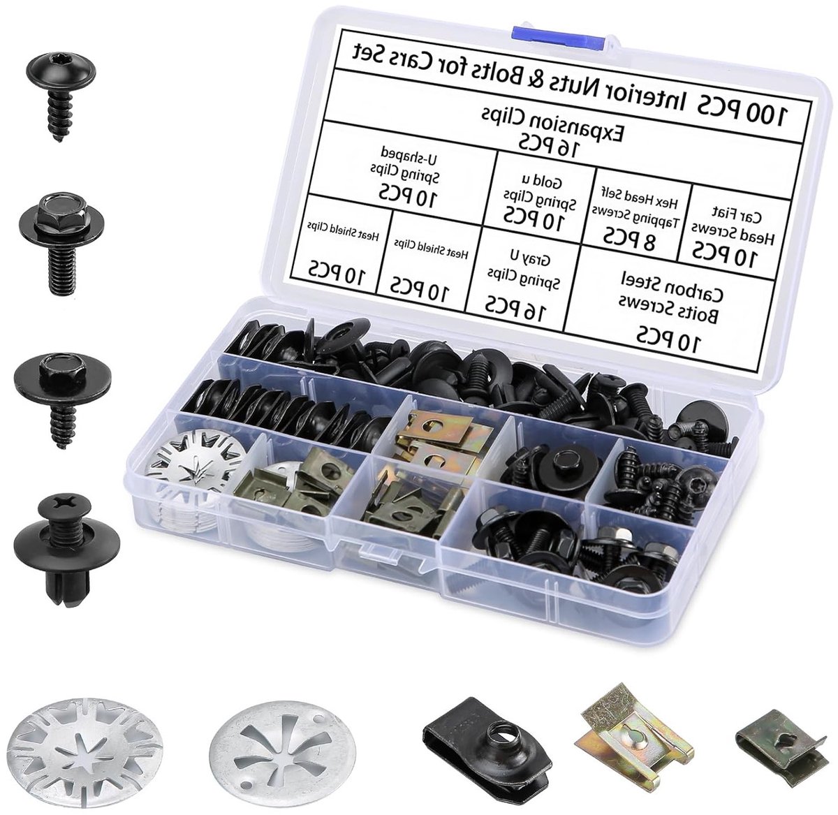 Complete Set van 100 Stuks Bevestigingsclips en Moeren voor Auto-onderdelen, Inclusief Klemmen, Warmtebescherming en U-vormige Clips voor Reparatie en Onderhoud