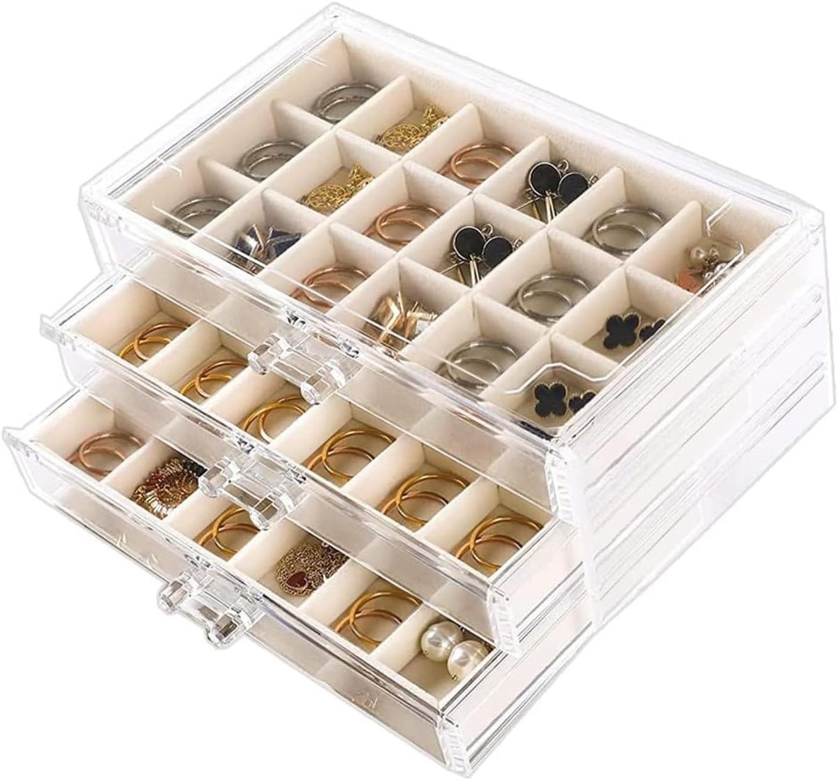 Earring Storage Box, Acrylic Jewelry Storage Box with Velvet Tablets, Earring Storage Organizer Display Case for Women and Girls (Beige, 3 Drawers)