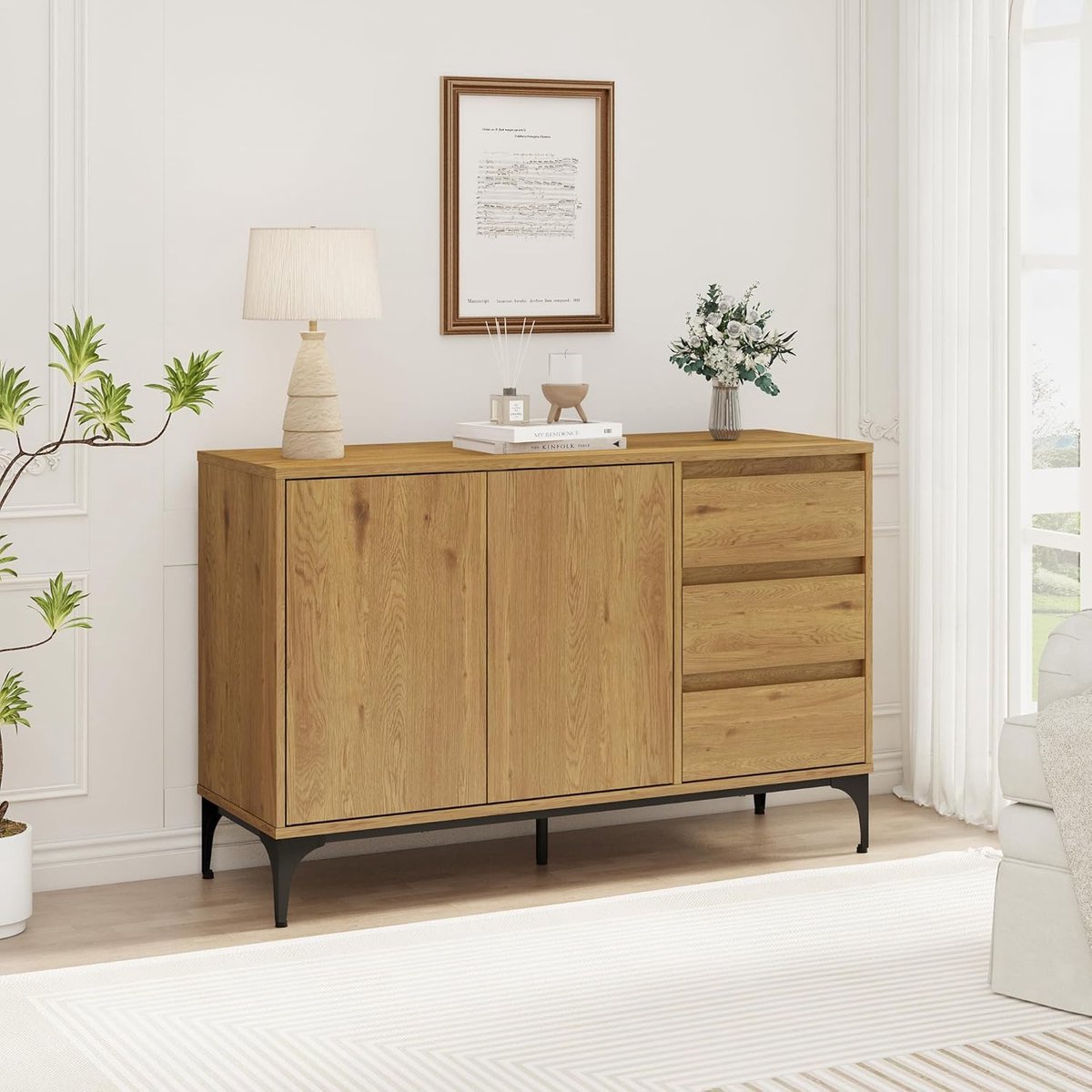 Kistiandi Moderne Dressoirkast met 2 Deuren en 3 Lades 120x40x76cm Donker Eiken MDF en Metaal
