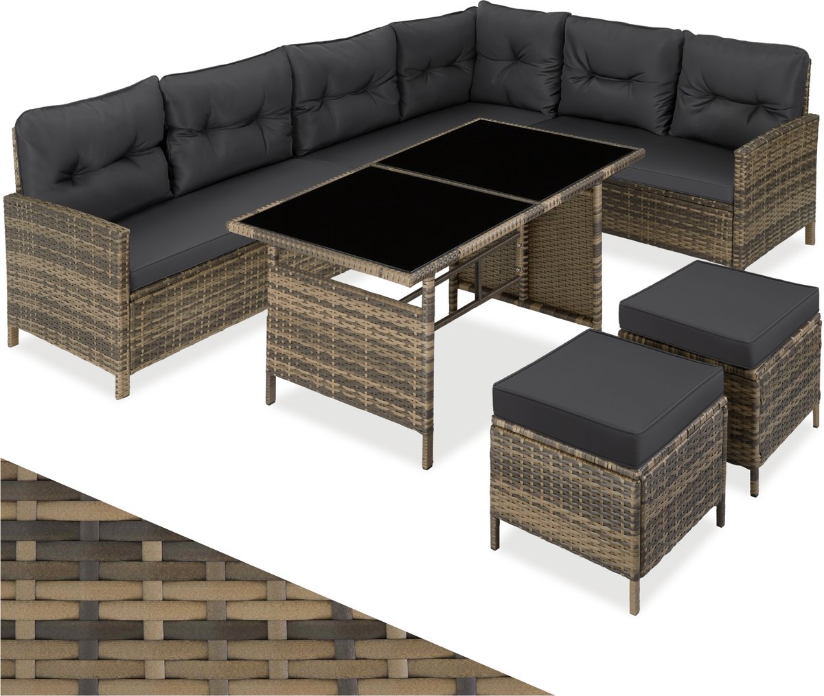 tectake® Loungeset Barletta - 6 tot 8 Personen - Modulaire Tuinset met Loungebank, Kruk en Tuintafel - Tuinmeubels - Balkonmeubel - 5-delige Zitgroep - Inclusief Kussens - Ideaal voor Tuin, Terras en Balkon - Natuurkleur met Donkergrijze Kussens