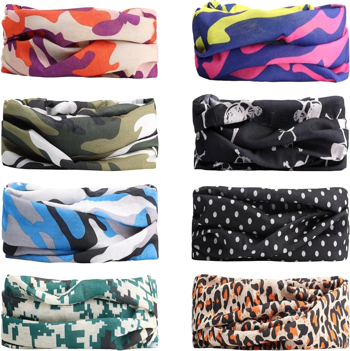 Allecto Plus - Pack van 8 Multifunctionele Outdoor Sjaals in Gemengde Kleuren met Print - Verstelbare Hoofdsjaal voor Sport - Elastische Buis Sjaal voor Yoga - Naadloze en Comfortabele Unisex Sjaal.