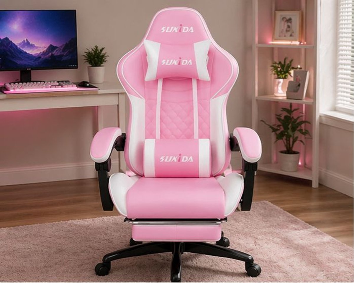 Gaming Stoel Ergonomisch met Voetensteun en Verstelbare Rugleuning 90–135° 52x62x129 cm – Kunstleren Gaming Chair met Lendensteun, Hoofdsteun en 360° Wielen – Blauw – Vermissen