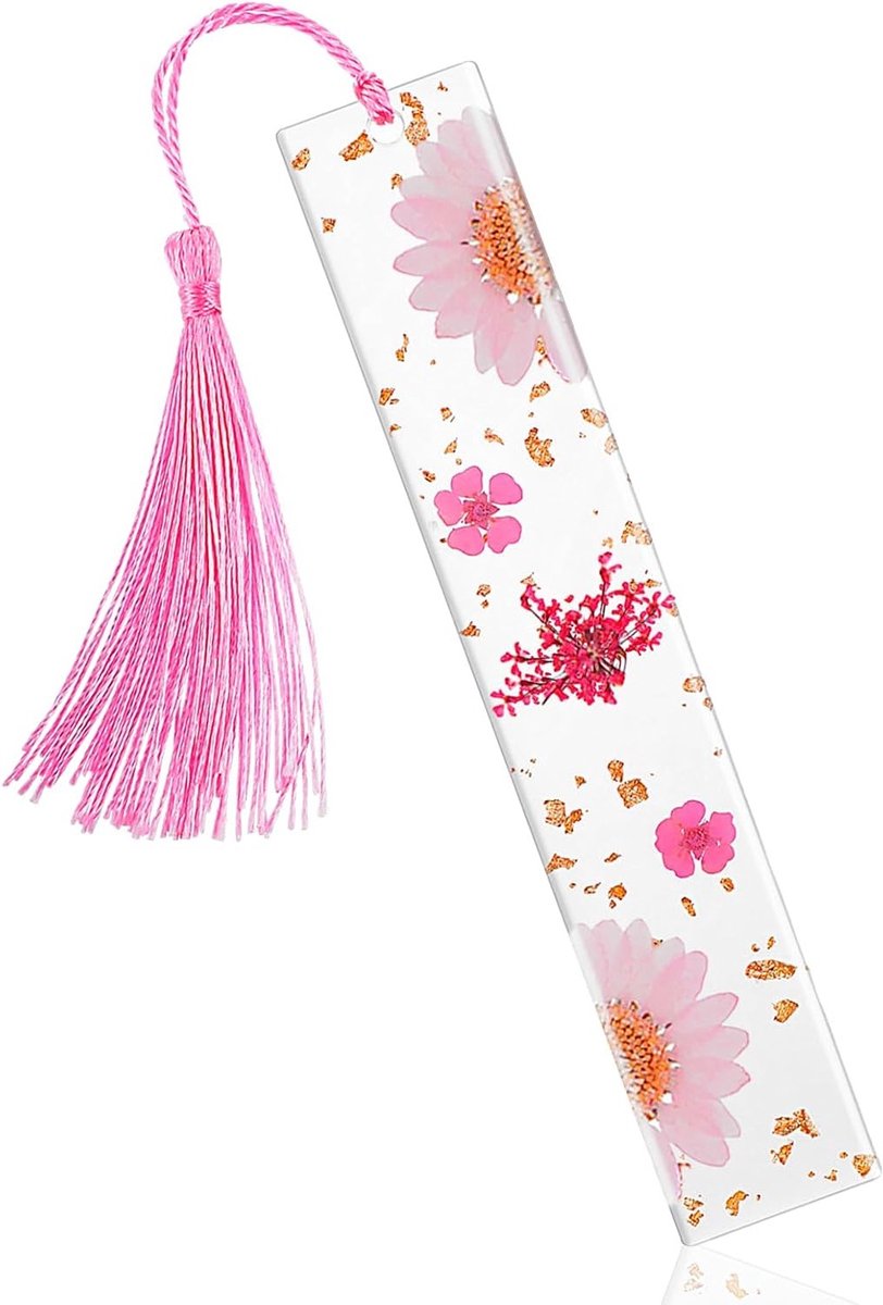 Gepersonaliseerde boekenlegger met gedroogde bloemen en kwastjes, perfect cadeau voor lezers en studenten, lichtroze design