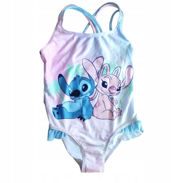 Wit badpak met Stitch en Angel, pastelkleurige print en ruches.
