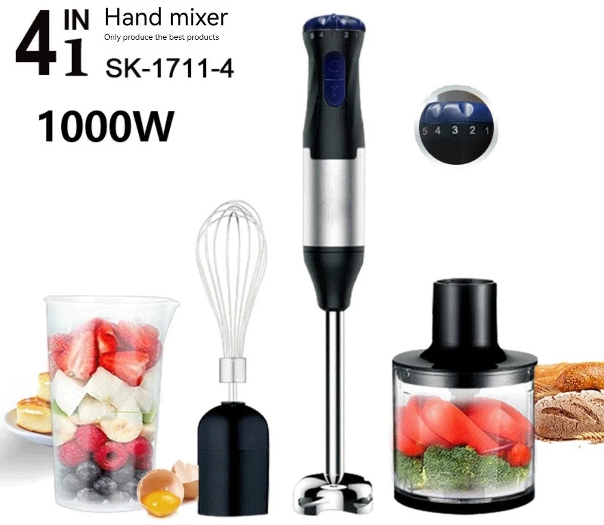 DIMICO - Staafmixer Set 4-in-1 - Staafmixers - Handblender 1000W - Met Garde en Maatbeker - 5 Snelheden - Mixen Pureren Hakken Kloppen