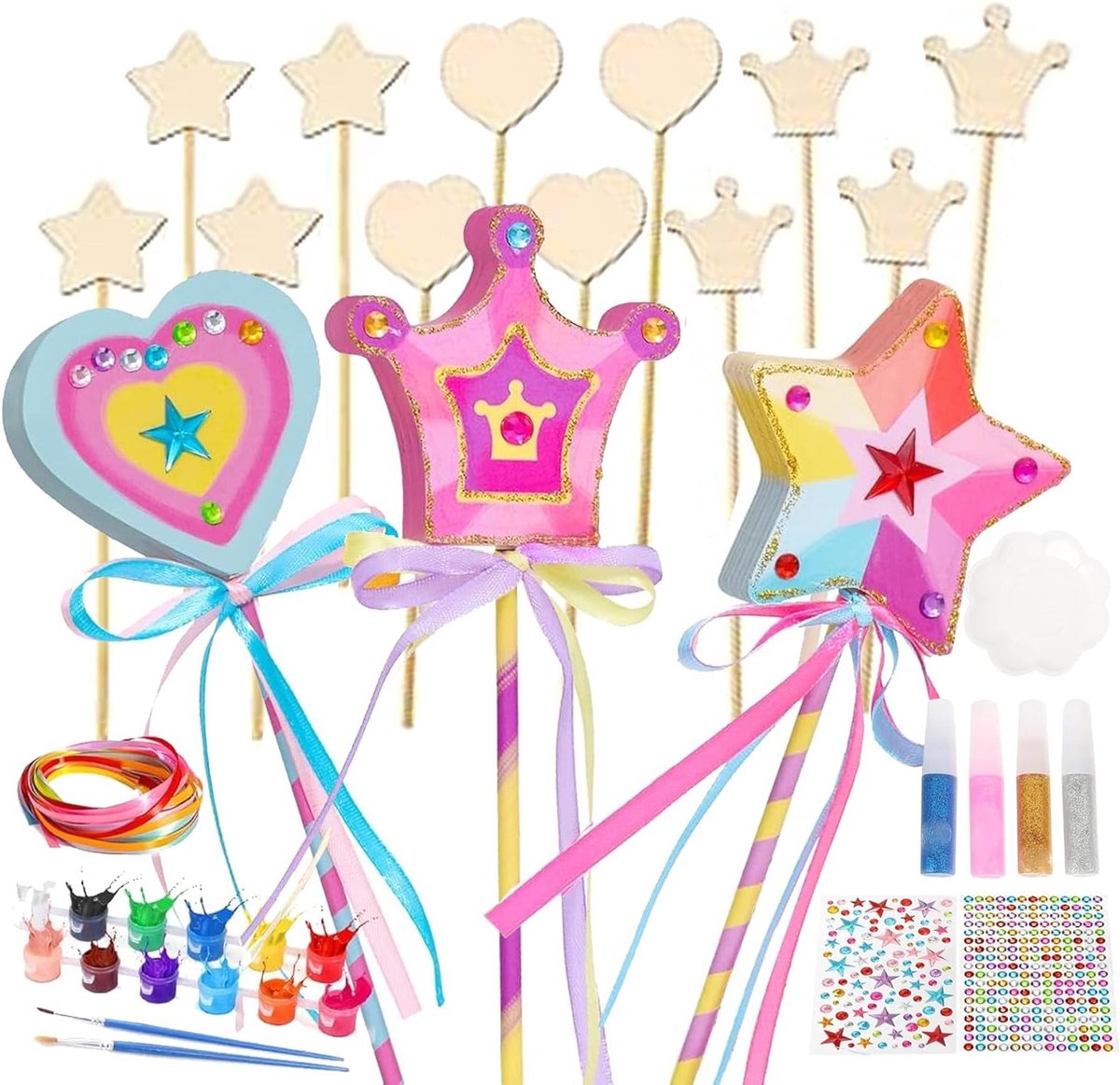 27-delige DIY Toverstok Set voor Kinderen, Creatieve Knutselset voor Prinsessen, Houten Ambacht Kits voor Verjaardagsfeestjes en Schilderen