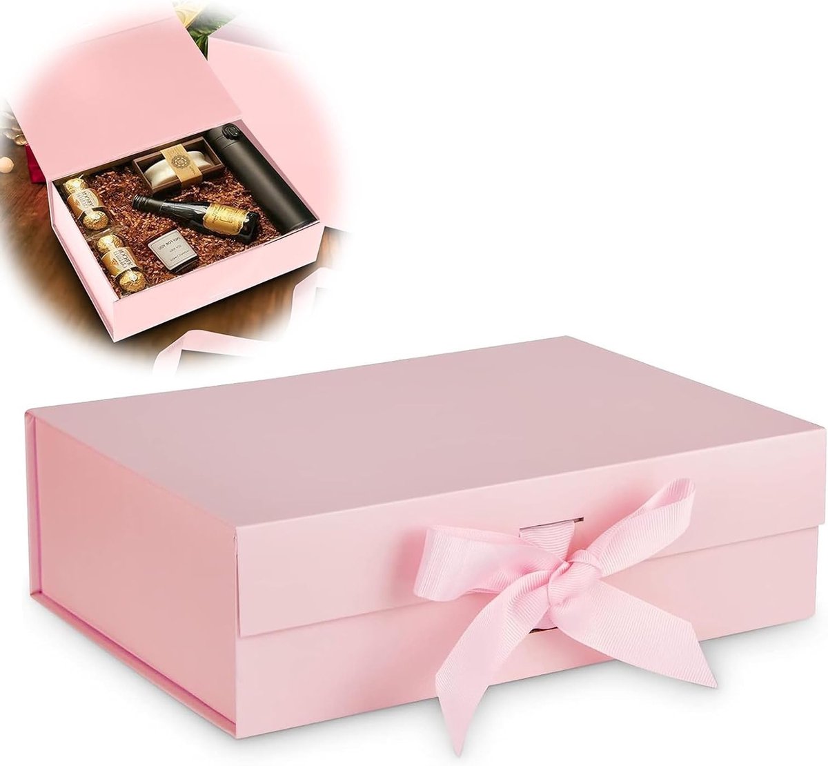 Elegante Roze Cadeau Doos met Deksel en Strik, Herbruikbare Verpakkingsdoos voor Verjaardag, Kerst en Valentijnsdag