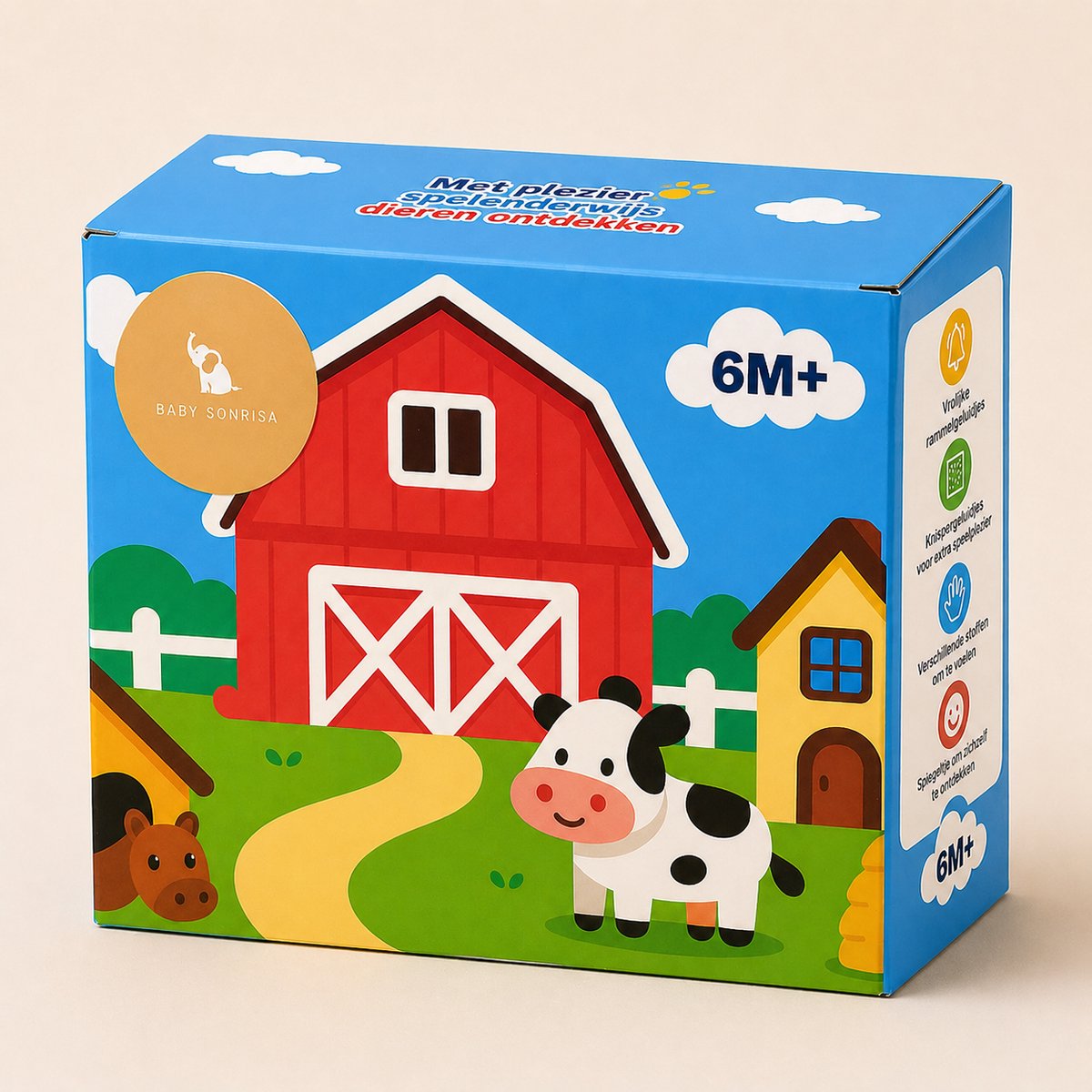 Baby Speelgoed 6-12 maanden - Sensorisch Pluche Speelgoed met Stal en 6 Dierenvriendjes - Montessori Speelgoed met Boerderijdieren - Baby Cadeau met Knuffels - Educatief speelgoed - Kinderspeelgoed 6MND + — afbeelding 6
