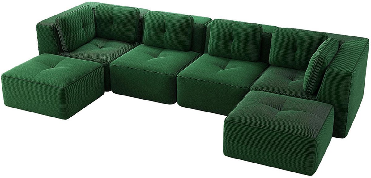Komhtom Modulaire bank voor in de woonkamer zonder frame, Modulaire hoekbank, U-vormige bank met chaise longue, Diepe slaapbank, Antislipontwerp, Geen montage nodig, Groen