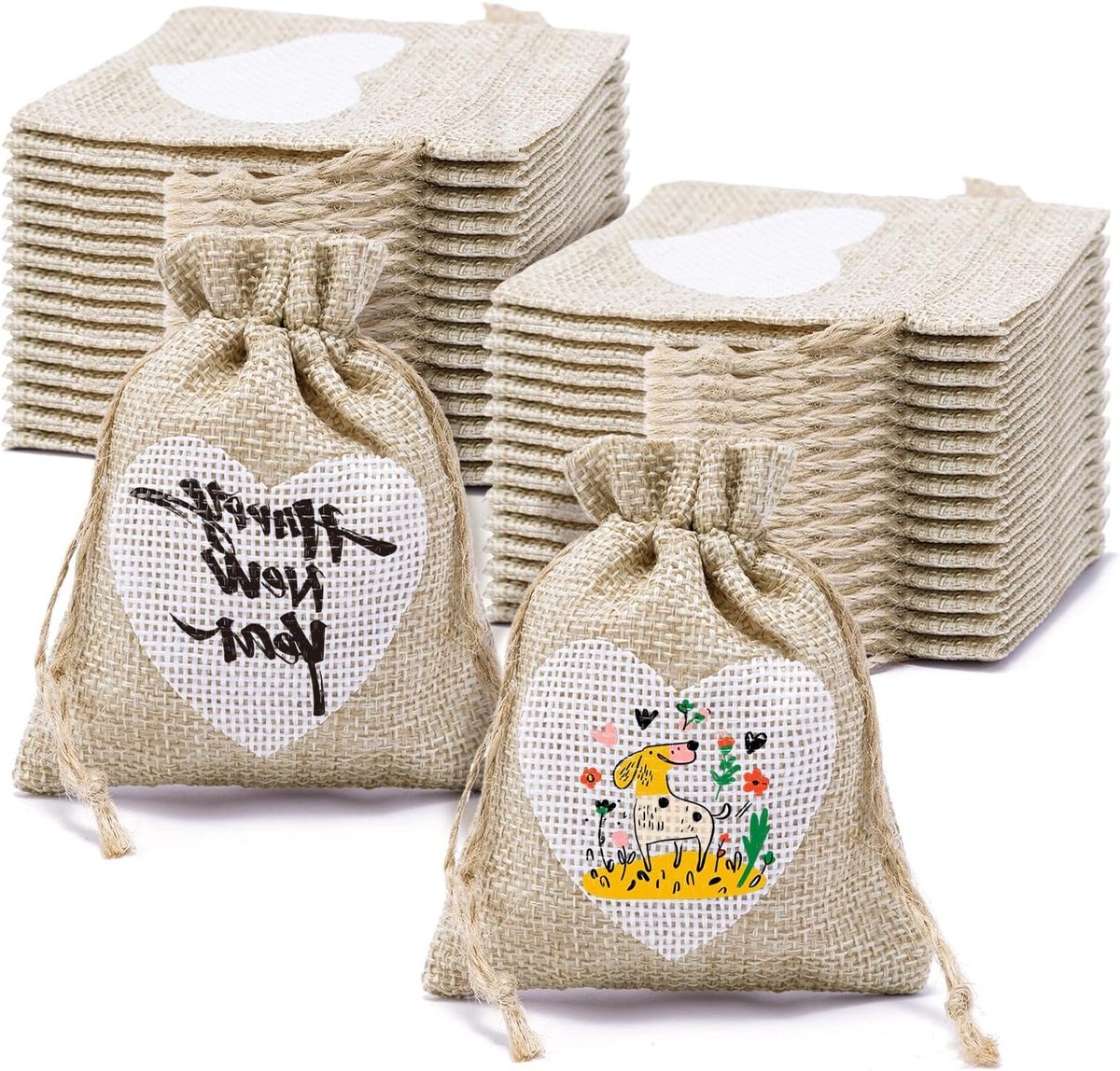 SnelShoppen - 30 stuks jute zakjes 10 x 8 cm linnen zakjes met hart | Cadeauzakjes voor sieraden, handwerk, bruiloft, feest, kleine cadeaus, stoffen z
