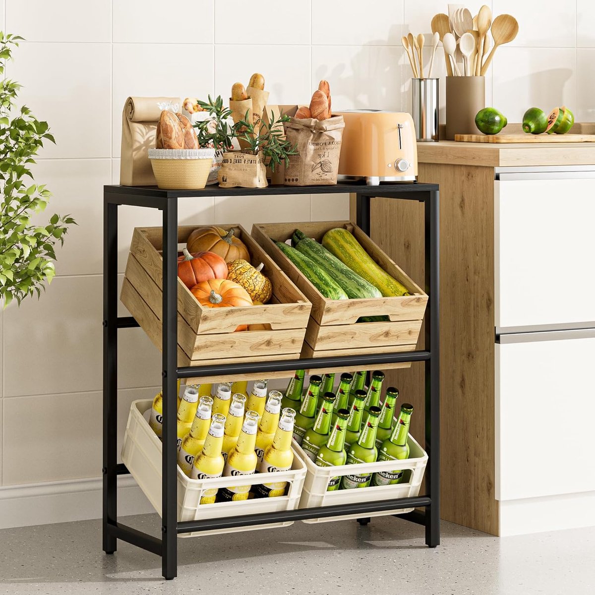 Krattenrek Metaal 4 Laags - Ruimtebesparend Flessenrek - Sterk & Stabiel 260kg per Niveau - Met Bovenplank - Opbergrek voor Keuken, Woonkamer, Kelder - Drankkratten Rek, Opslagrek