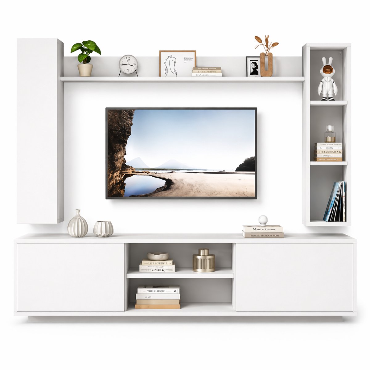 CINK Lux® 4-Delige TV Wandmeubelset – 180 cm TV-Meubel met Kast, Wandplanken & Vitrinekast – Hoogglans Wit – Moderne Woonkamerkast