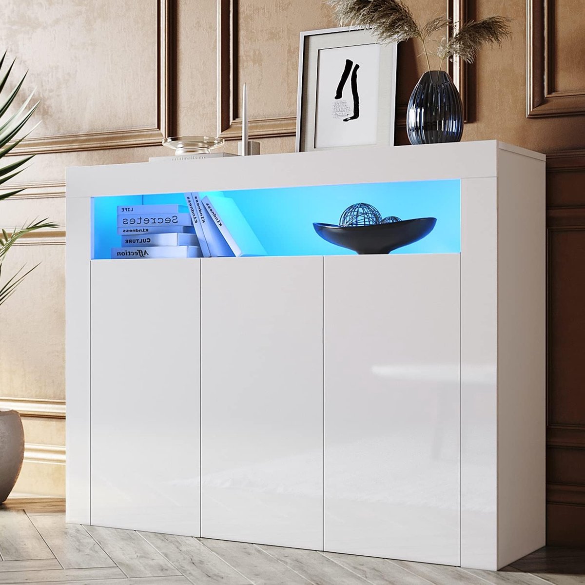 Design Hoogglans LED Sideboard Kast Wit – 3-Deurs Opbergkast met 12 Kleur LED Verlichting – 116 x 35 x 93 cm