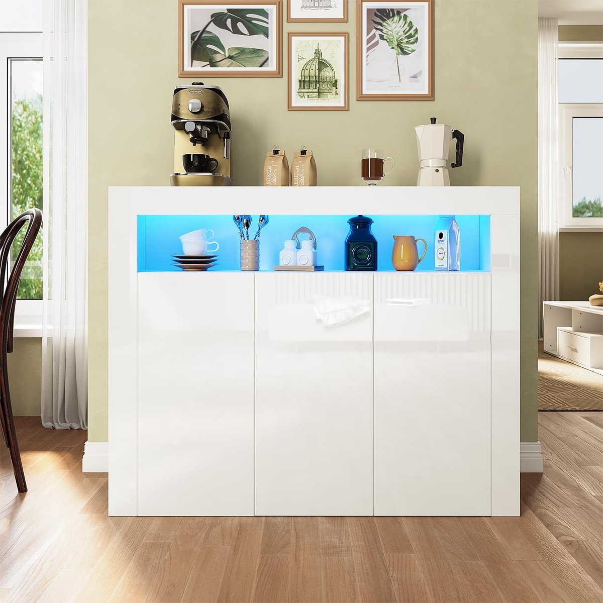Moderne Hoogglans Witte Dressoir Kast met LED Verlichting en Soft-Close Deuren – 3-Deurs Opbergkast voor Keuken, Hal en Slaapkamer 116x93x35 cm