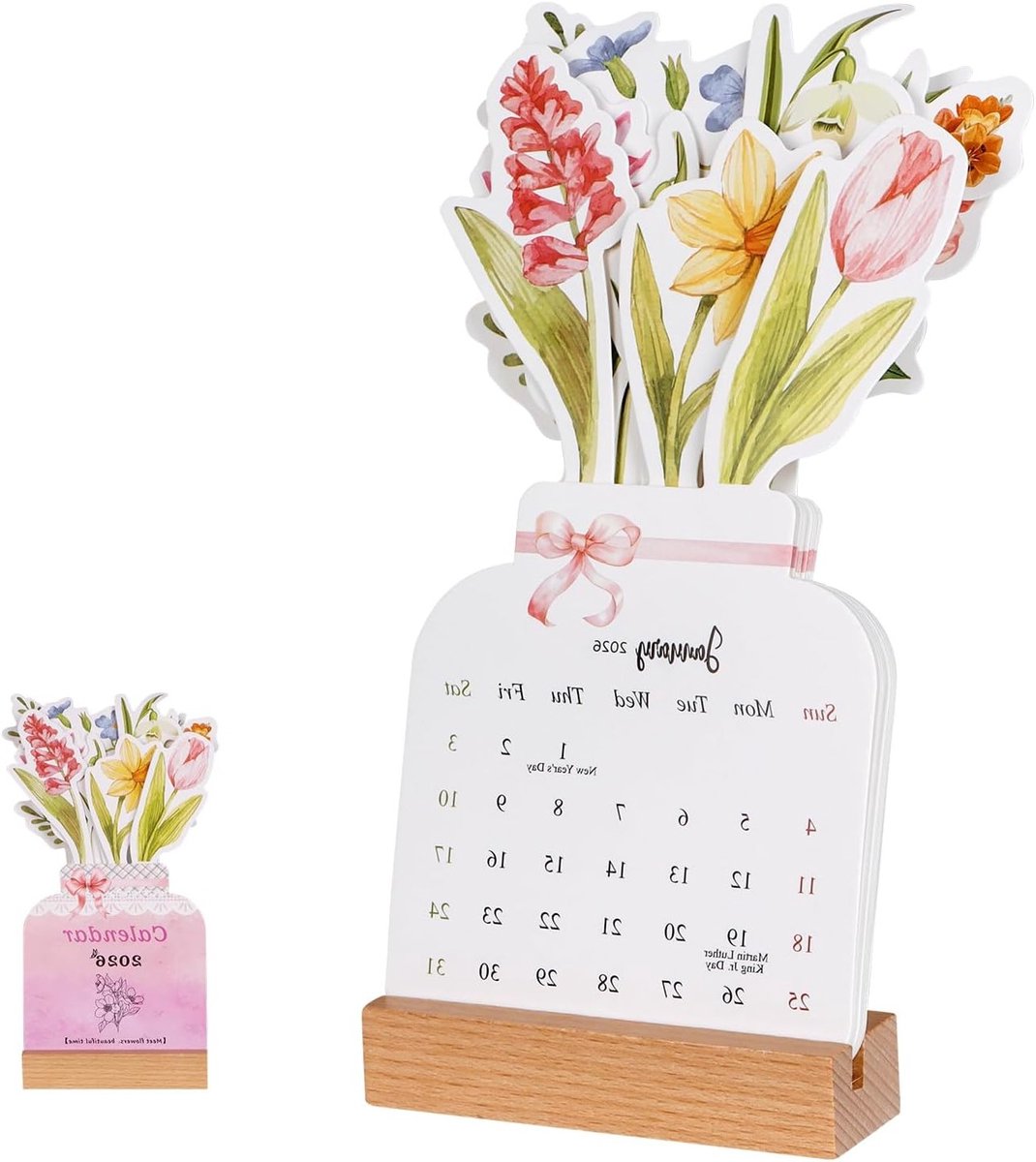 Maandelijkse Bloemen Kalender 2026 - Houten Basis, Vaasvormige Decoratie, Verwijderbare Planner voor Thuis, Kantoor en School