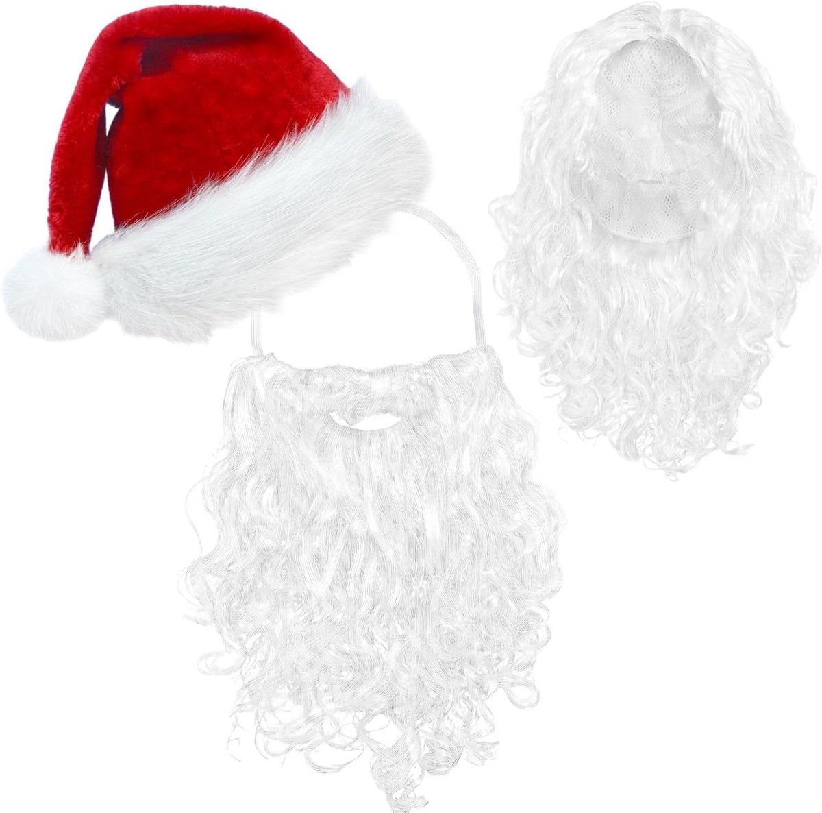 3-in-1 Kerstman Kostuum met Santa Hoed, Lange Witte Baard en Perücke voor Feestjes en Theateroptredens