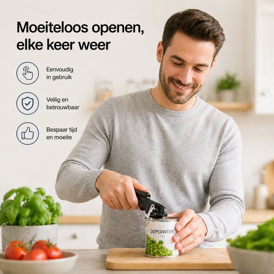 BOTC Blikopener - Veilig - Opent zonder scherpe randen - hersluitbaar - RVS - Silicone - Zwart