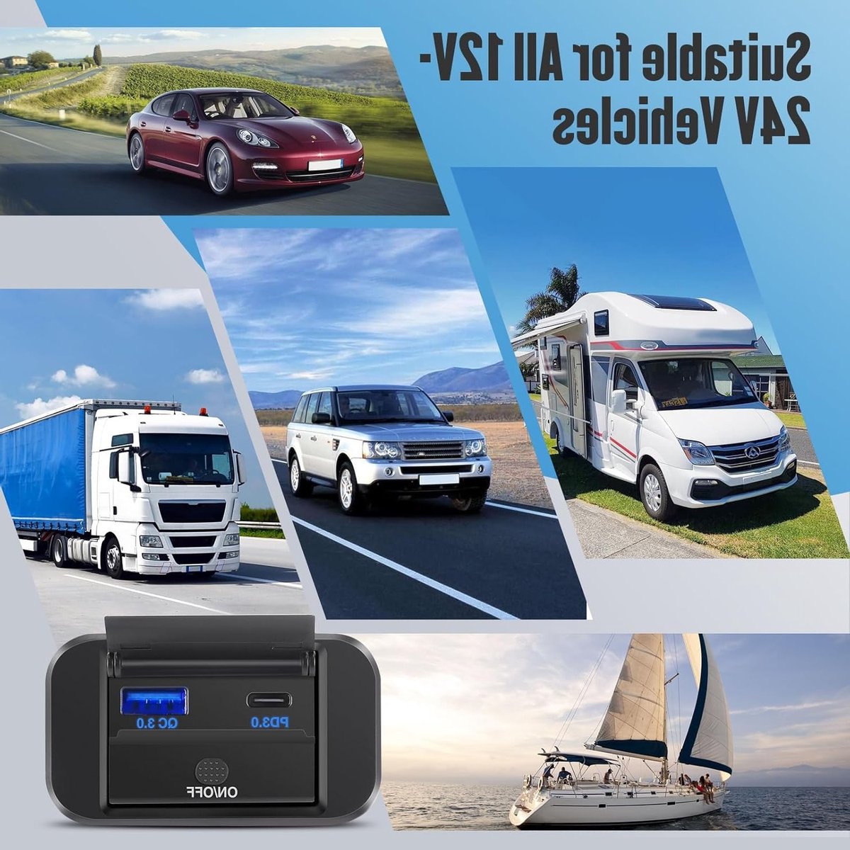 Dual USB C Oplaadpunt 12V Auto Lader 36W QC3.0 en 55W PD Type C Snelladen Waterproof met Schakelaar voor Auto, Boot en Camper – foto 7