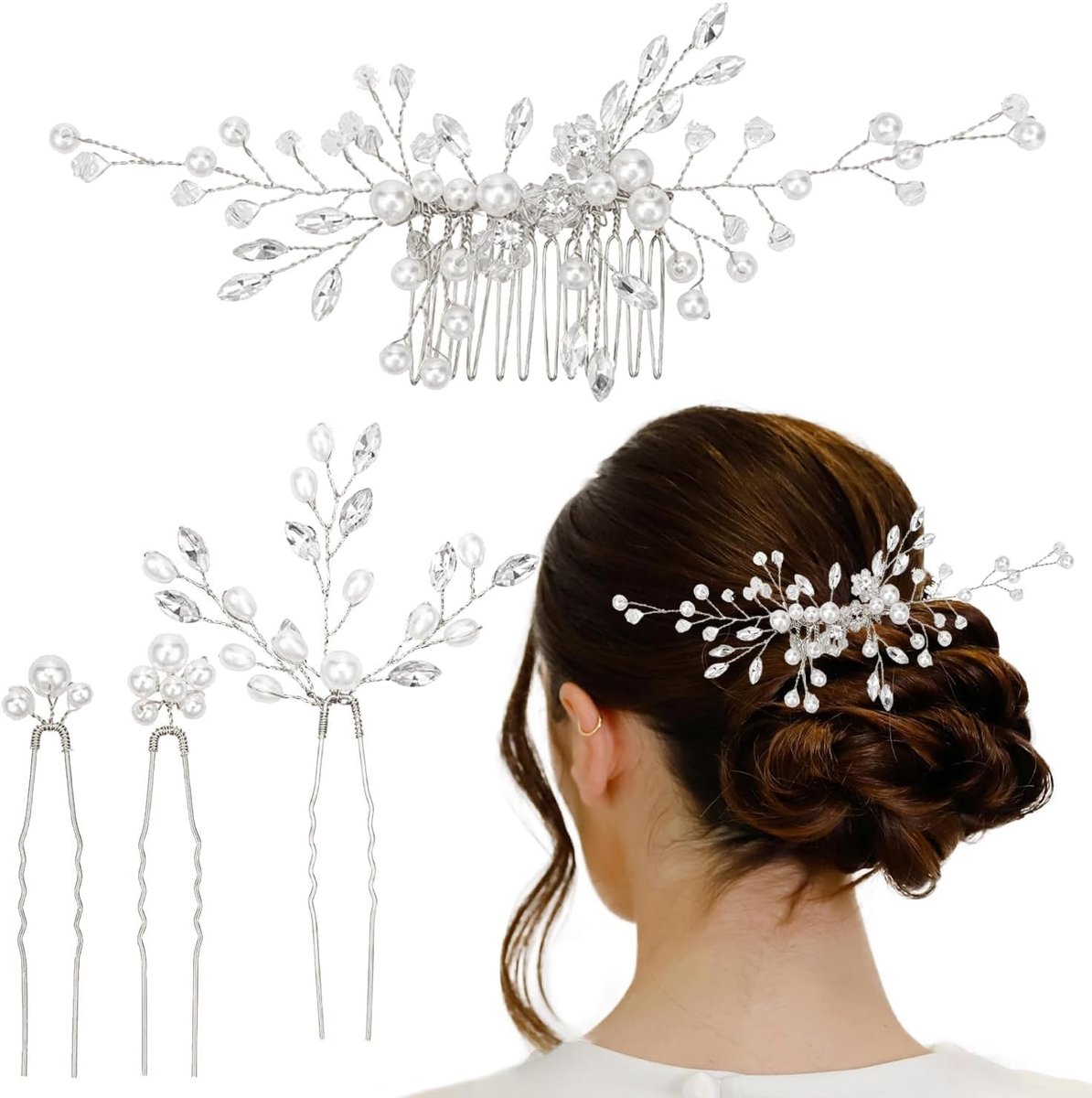 Elegante Haaraccessoires voor Bruiden - 4-delige Set met Kristallen Haarcombs en U-vormige Haarclips voor Vrouwen en Meisjes, Zilver