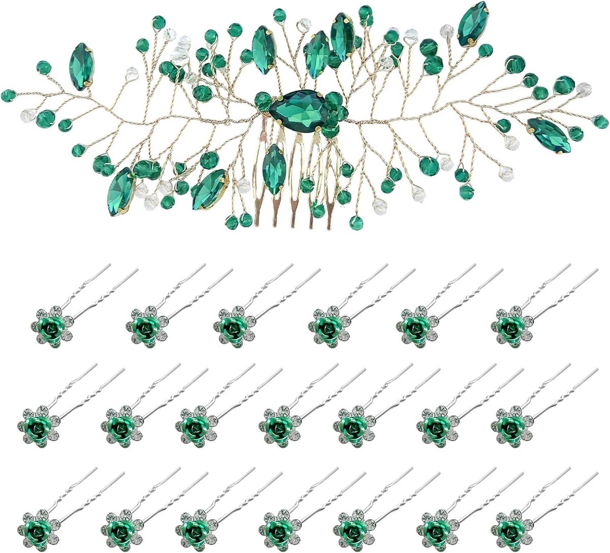 Rozen Haarspelden Set van 20 Stuks met Groene Bruidskam, Haaraccessoires voor Bruiloft en Feestjes, Perfect als Cadeau voor Dames en Meisjes