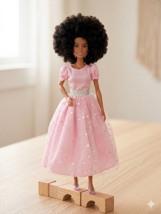 Afro Prinsessen Barbie – Met Prinsessenjurk & Assepoester Muiltjes - Bruine Barbiepop met Donker zwart Haar - Black afo hair
