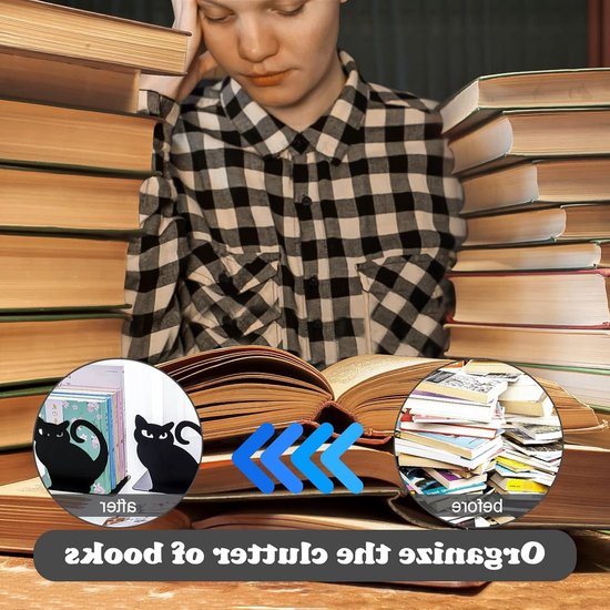 Stijlvolle metalen katten boekensteunen - antislip boekenstandaard voor boeken, dvd's en decoratie in huis, kantoor, bibliotheek en school — afbeelding 3