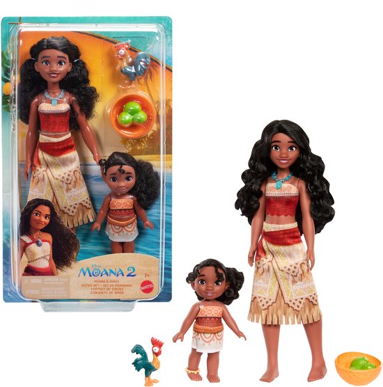Moana en baby Moana poppen in verpakking met Heihei en een schaal met voedsel. "Vaiana 2"