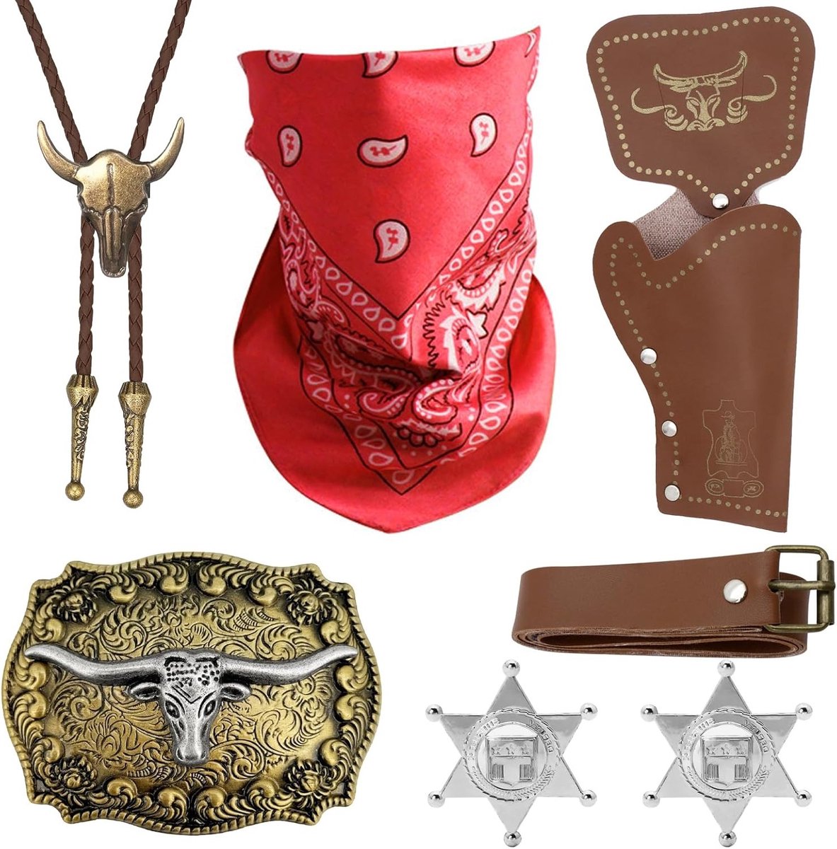 7-delige Cowboy Fancy Dress Accessoire Set voor Carnaval - Bandana, Holster, Ceintuur, Bologesp, Stropdas, Sheriff Badge voor Cosplay en Feestjes