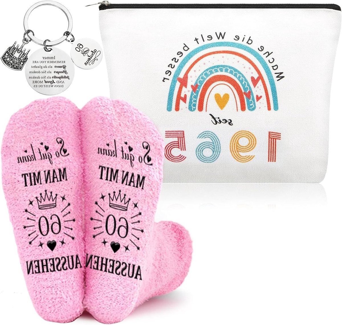 60e Verjaardag Cadeauset voor Vrouwen met Mooi Beauty Case, Grappige Sokken en Pendant voor Moeder, Vriendin of Zus