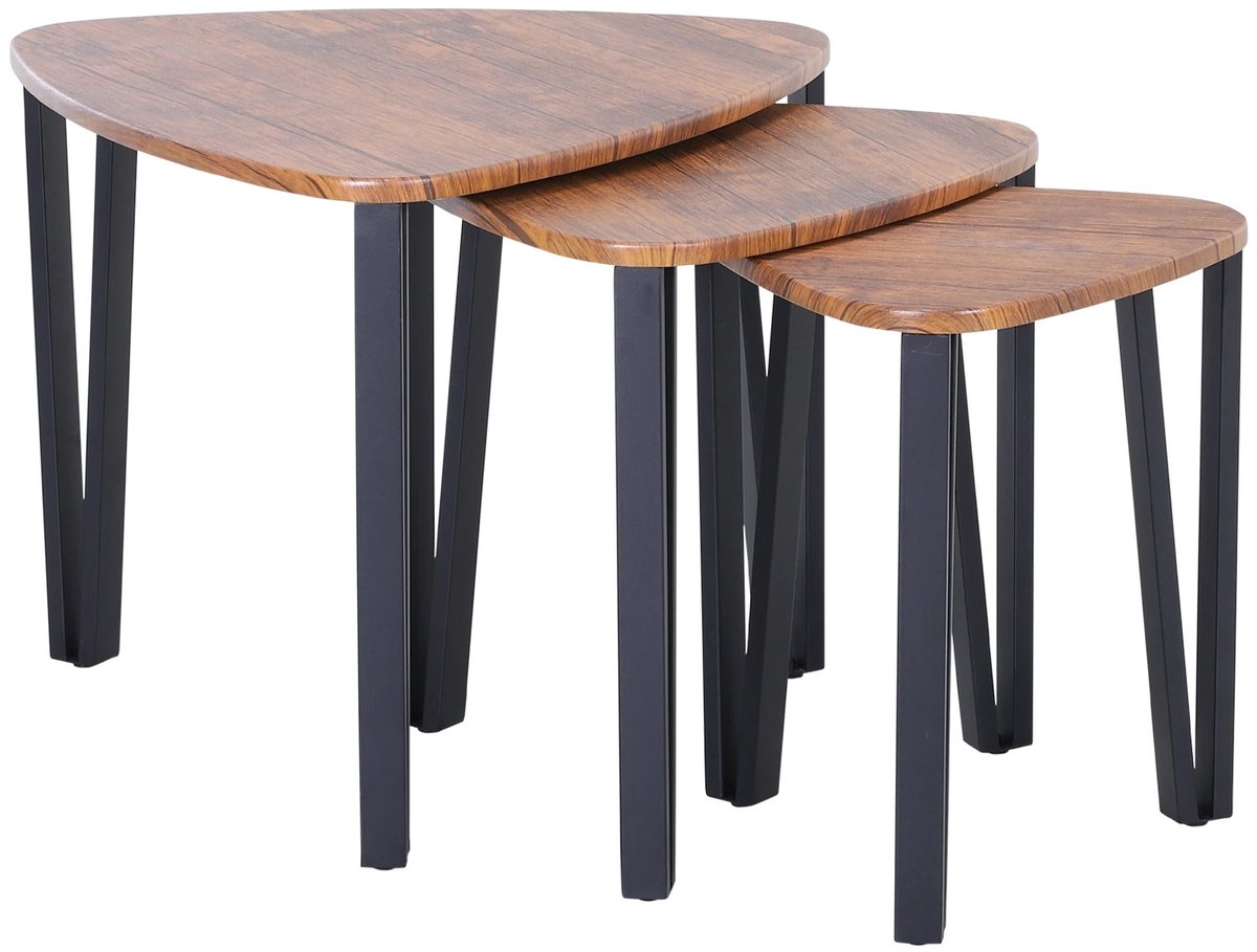 Homcom MakkelijkMooi Driehoekige Koffietafel Set - Salontafel - Walnoot Look Tafelblad - Elegant Set van 3 - Inschuifbaar door 3 Hoogtes Walnoot & Zwart