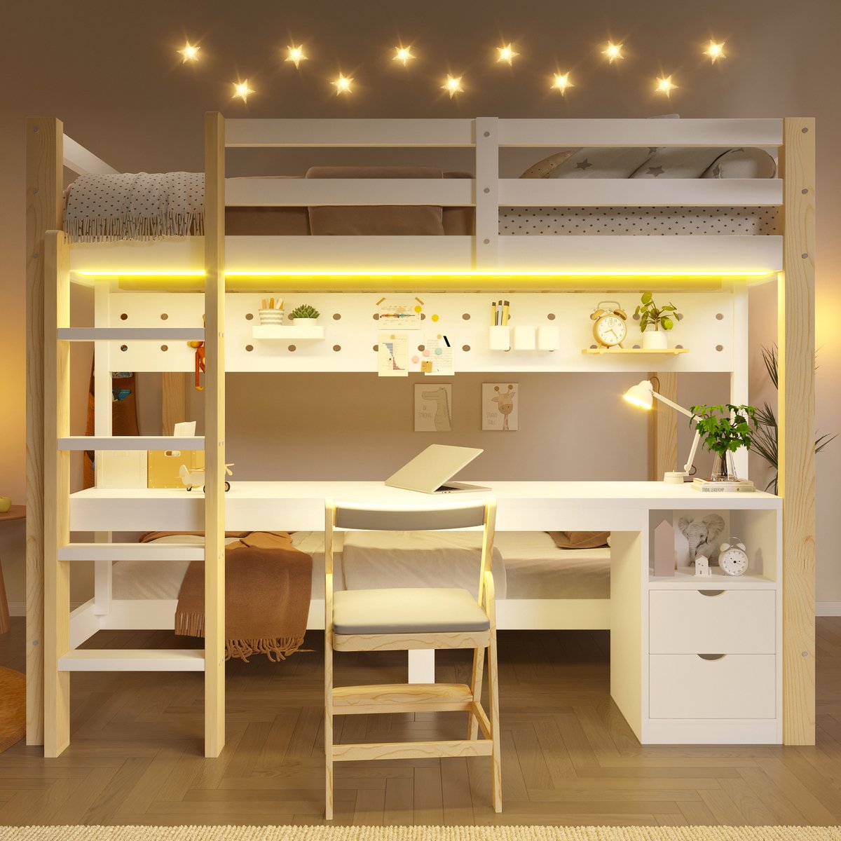Stapelbed 140x200 en 90x200 cm - kinderbed met bureau en lades - LED verlichting - opbergbord - wit naturel