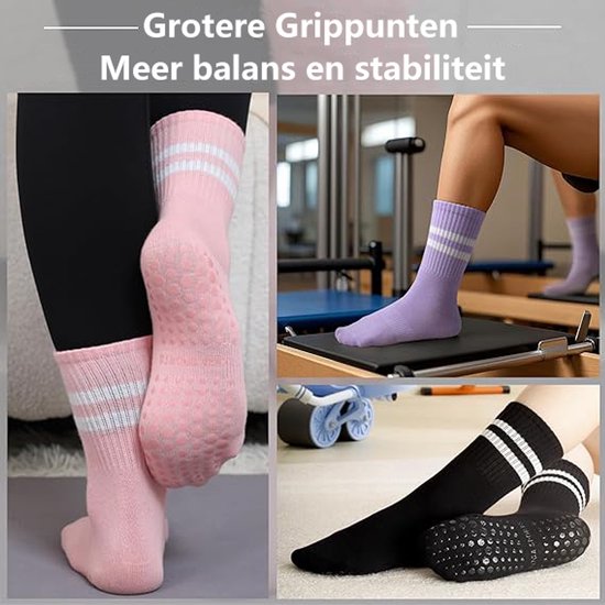 Pilates Sokken Dames - Yoga Sokken met Grip - Antislip Sokken - Grip Sokken - Katoenen Sokken - 5 Paar - Zwart Wit Grijs Roze Paars van Merkloos — afbeelding 4