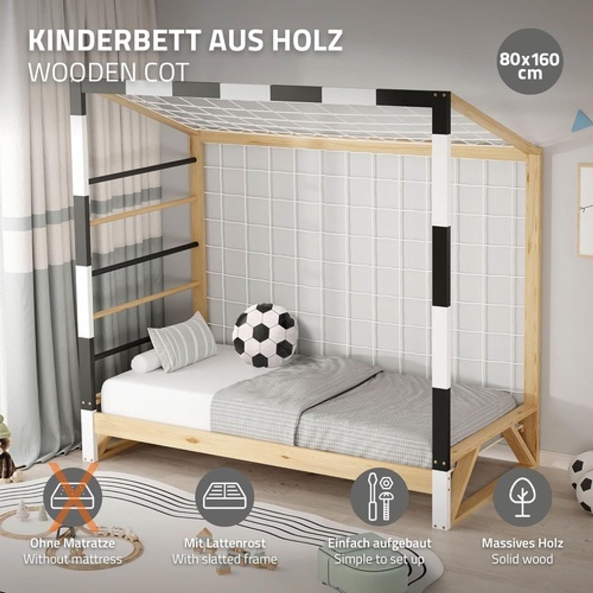 Kinderbed Voetbaldoel 80x160 cm Houten Eenpersoons Speelbed met Lattenbodem, Klimladder & Doelnet – Massief Grenen Kinderbed voor Jongens en Meisjes – Zwart/Wit – Laura
