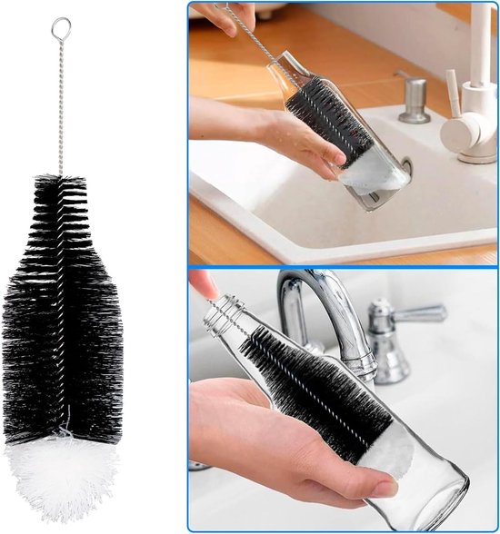 Set van 2 lange flessenborstels van 35 cm voor glazen en babyflessen, ideaal voor het schoonmaken van drinkflessen, karaf en smalle flessen met nylon haren. — afbeelding 2